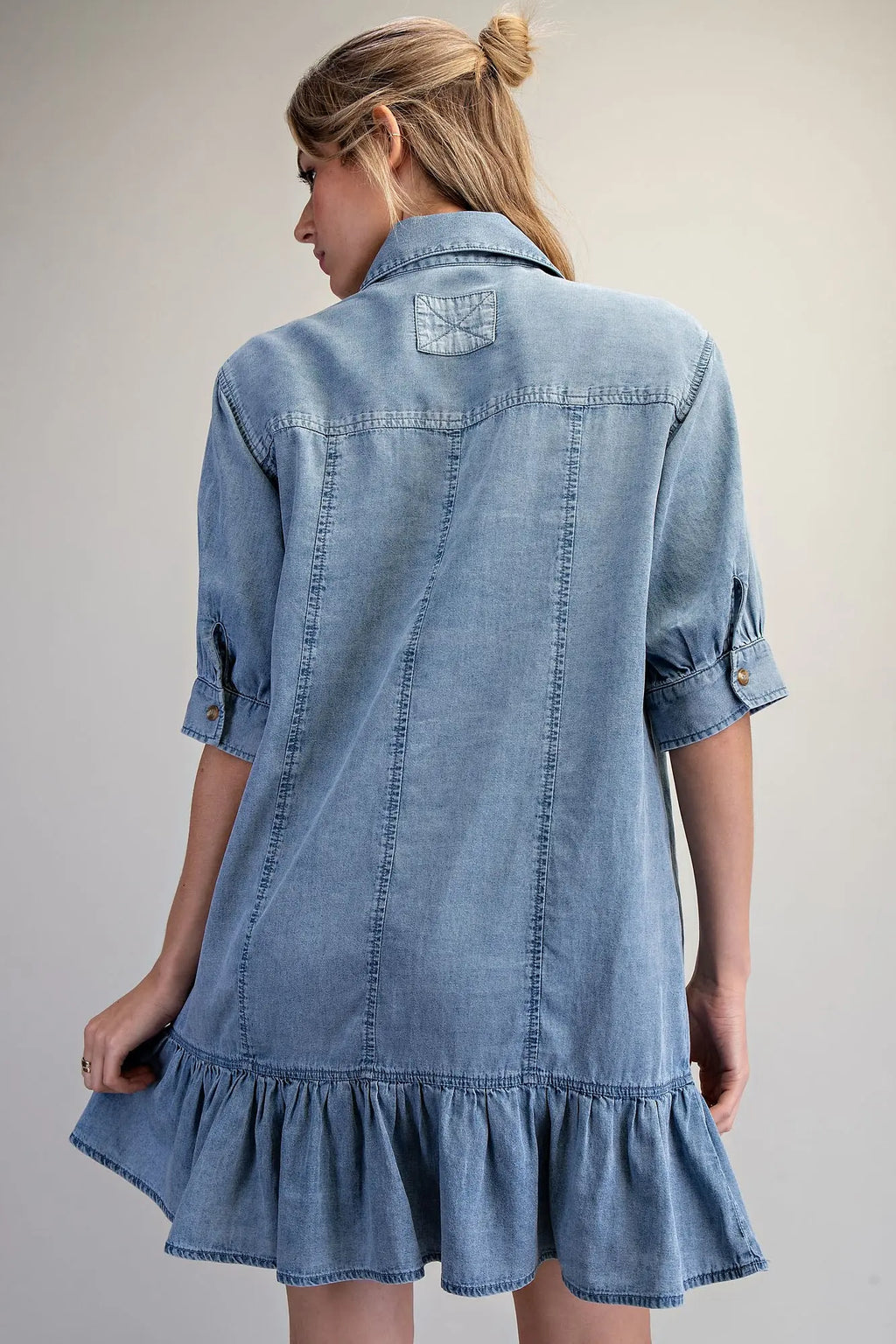 Chambray Light Denim Mini Dress with Ruffle