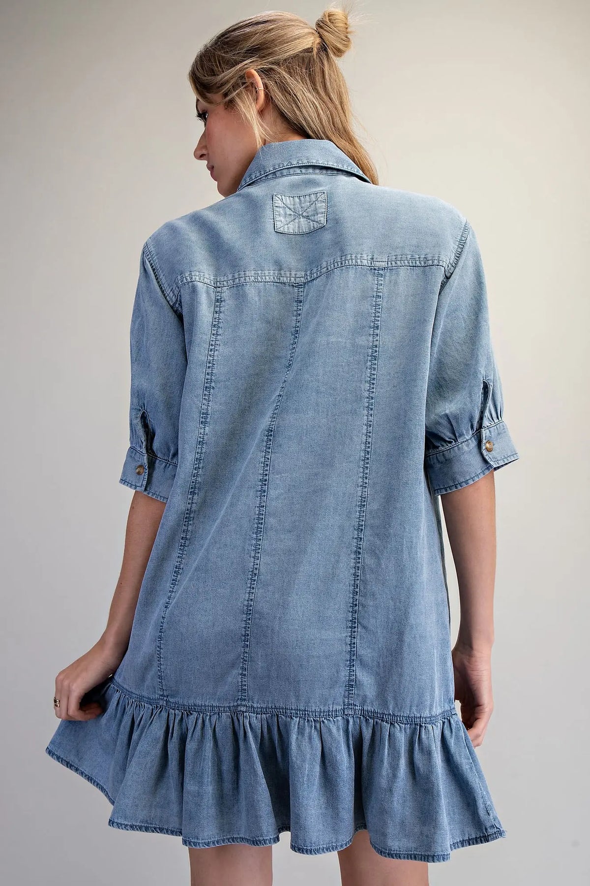 Chambray Light Denim Mini Dress with Ruffle
