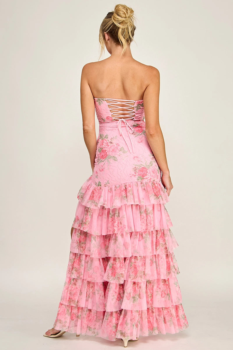 Pink Floral Beaded Maxi Dress