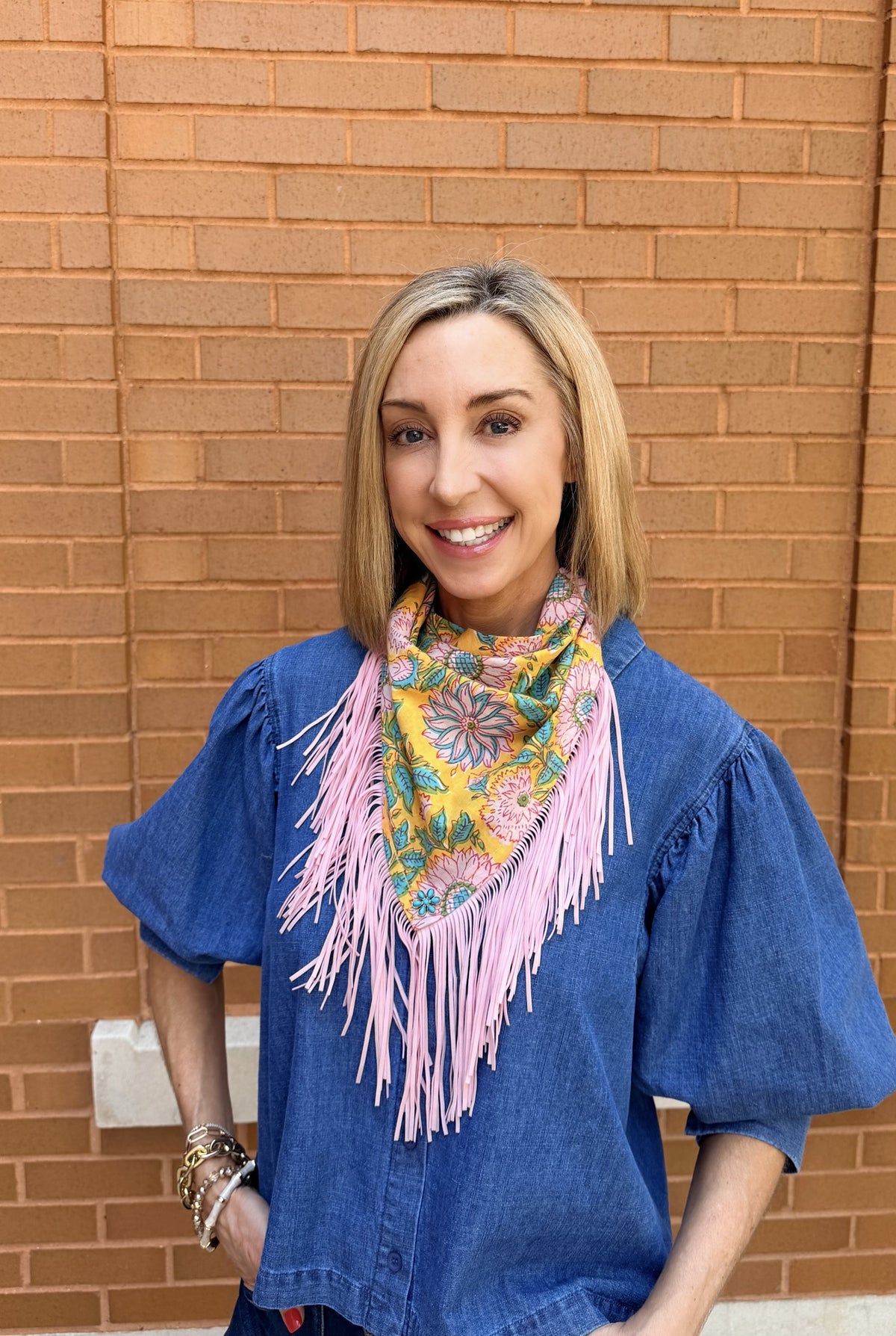 OL Yellow Pink Teal Pink Fringe Scarf