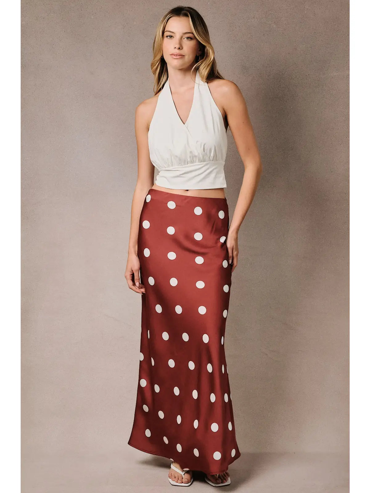 Wine White Midi Polka Dot Skirt