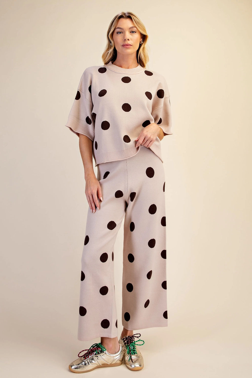 Beige Polka Dot Sweater Pants