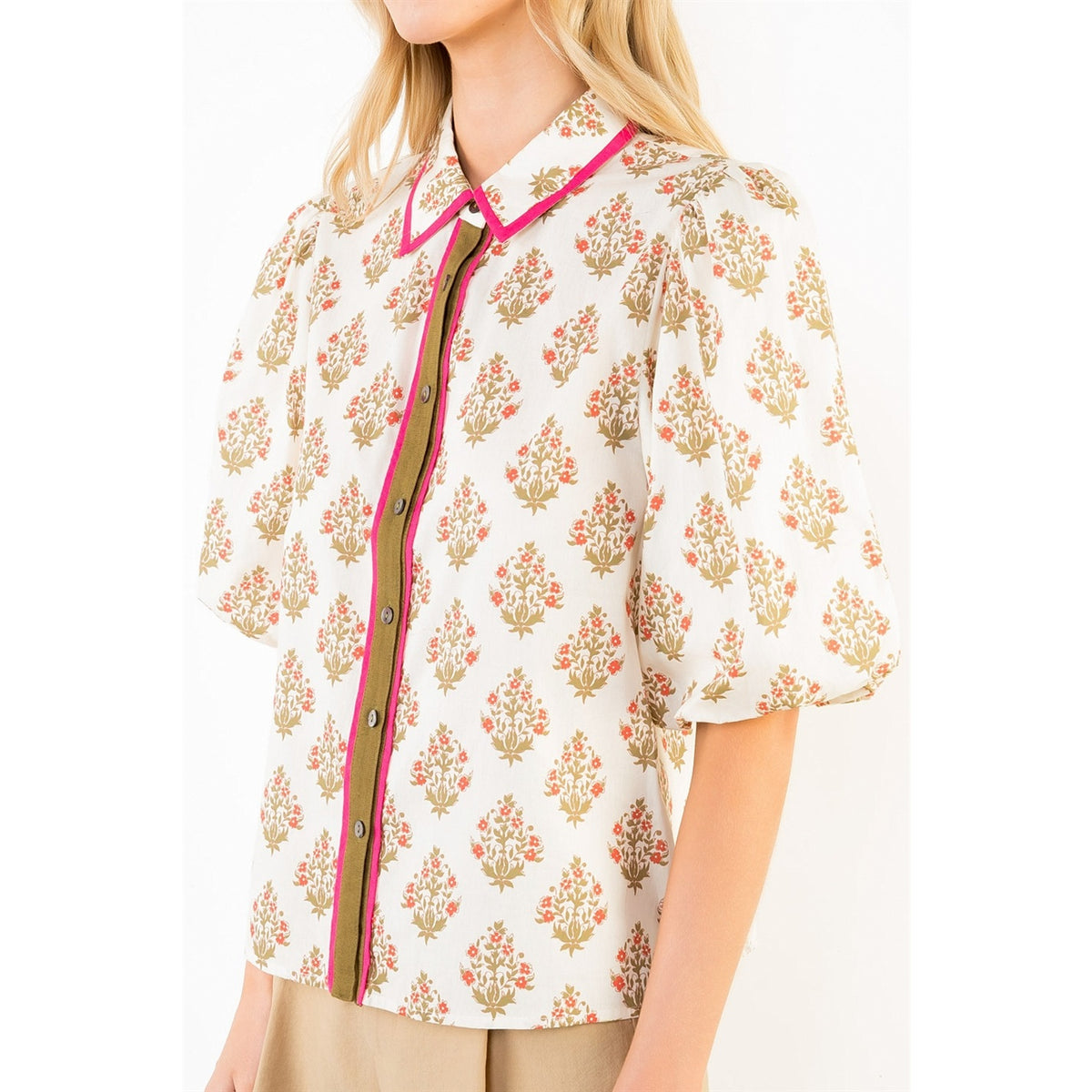 THML Puff Sleeve Cream Olive Floral Top