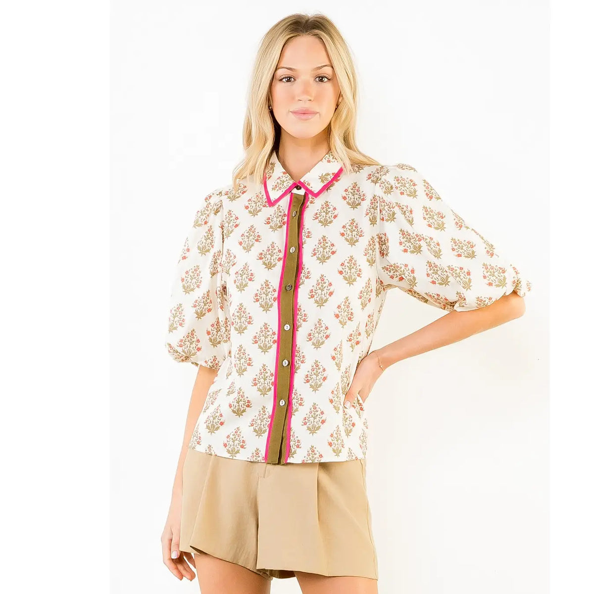 THML Puff Sleeve Cream Olive Floral Top